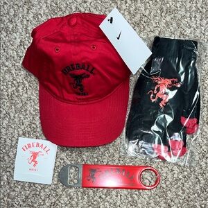 NWT 4pc fireball unisex Baseball cap tech gloves bottle opener and golf ball tee